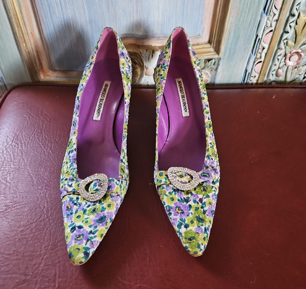 Manolo Blahnik Purple and Green Heels with Crystal Embellishment